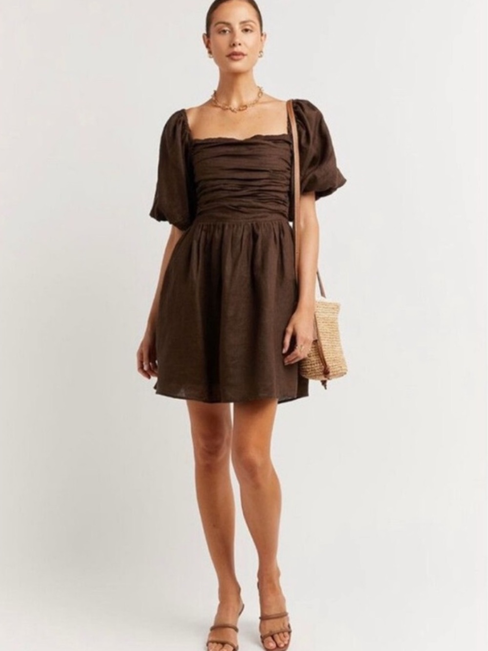 NWT Dissh Sara Linen Puff Sleeve Dress in Dark Chocolate Brown Size US 12